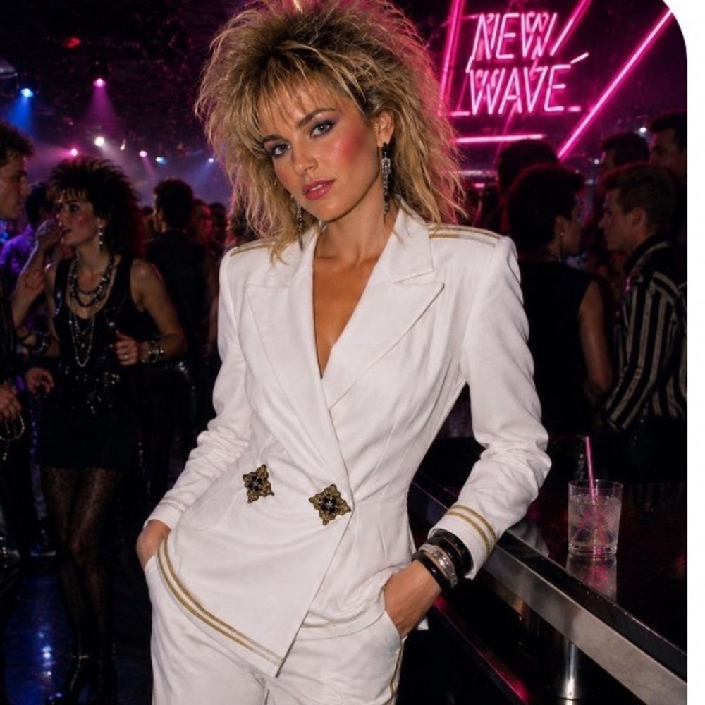 VTG  80s JJ Collections White Double Breasted Blazer Gold Trim New Wave Sz s
